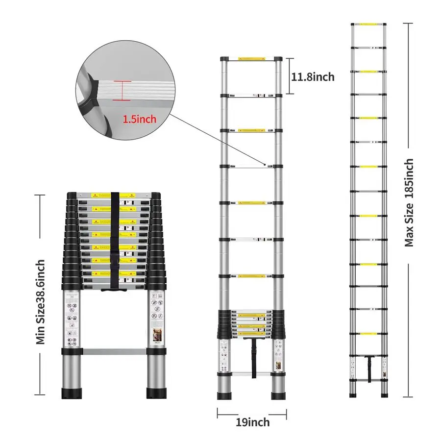 سلم تمديد بطول 15.5 قدم، سلالم تلسكوبية من الألومنيوم مع حقيبة حمل للاستخدام الداخلي في الهواء الطلق
