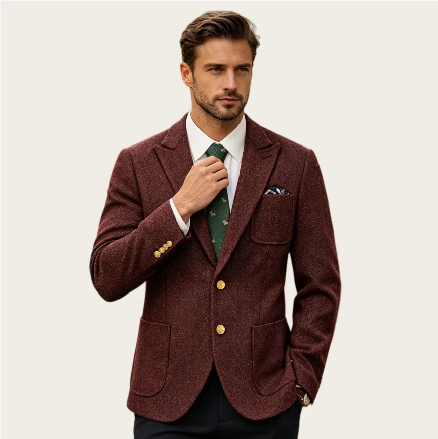 Men Suits Peak Lapel Slim Fit Multi-Pocket Single Breasted Blazer Jacket Gold Button High Quality Business Casual Wedding Tuxedo