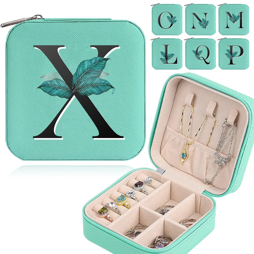 

Jewelry Box PU Leather Zipper Stotage Boxes Necklace Ring Earrings Display Leaf Printing Series Portable Storage Pack