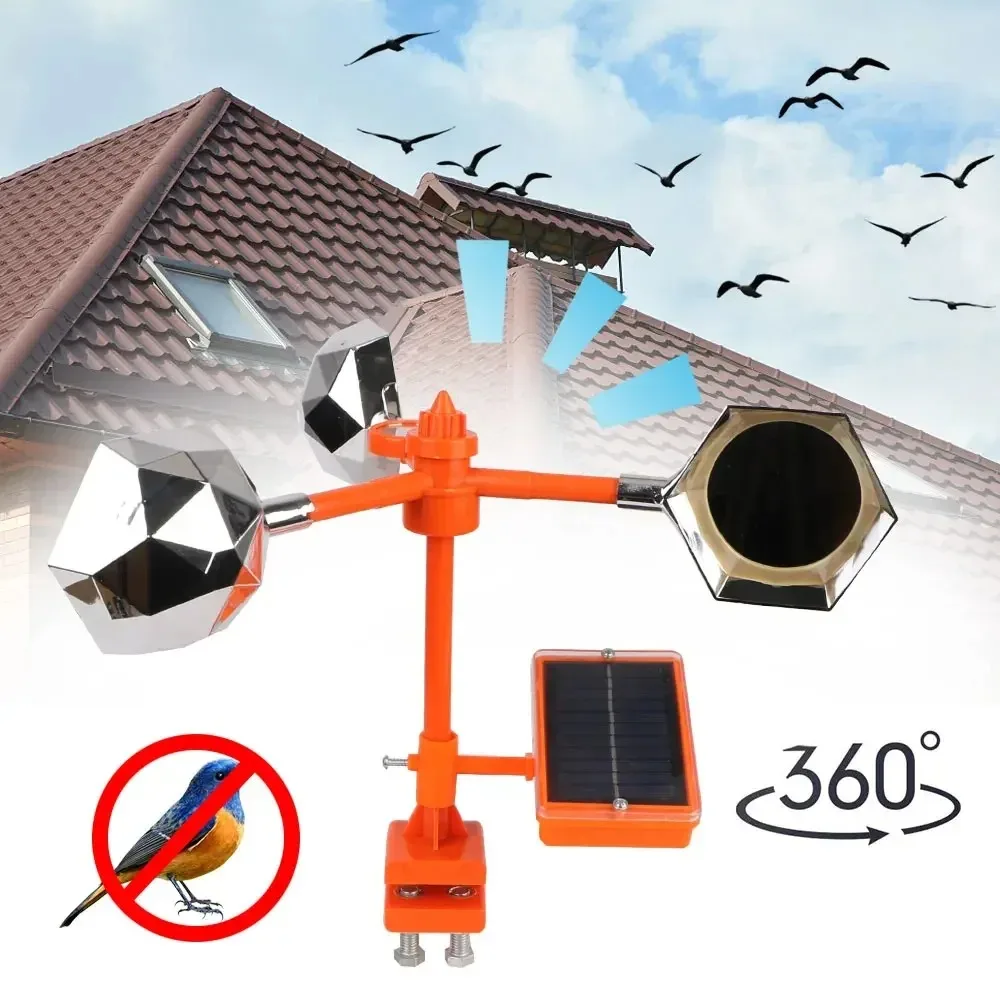 Solar Powered 360° Rotating Bird Repeller - Reflective Flashing Sound Scare Device for Crop and Yard Protection