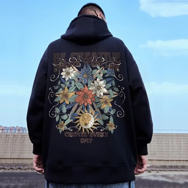 M-8XL Oversized Hoodies Men American Sun Moon Flower Print Oversized Hoodie Loose Hoodie Student\'s Large Hooded Sweater