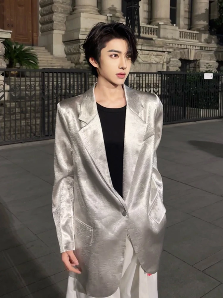 

Loose Fit Casual Suit Jaet for Men Nightclub Sle Spring 2024 Trendy High Street Cool Bad Boy Look Single Button Plaet