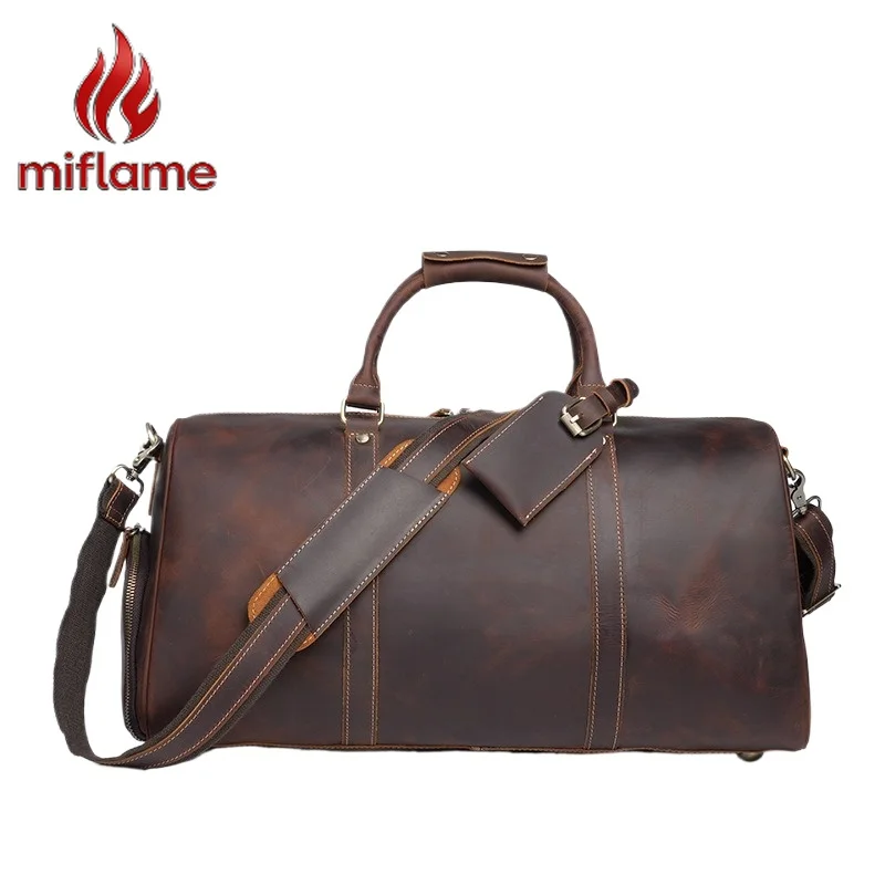 

Men's Crazy Horse Genuine Leather Travel Duffel Bag Vintage Retro with Shoulder Strap for Carry On Gym and Weekend