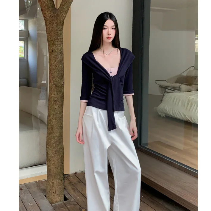 

Faux Two-piece Naval-collar Cross-front Blue Pullover T-shirt Niche Preppy Shirts And Blouses Y2K Autumn New Women's Clothing