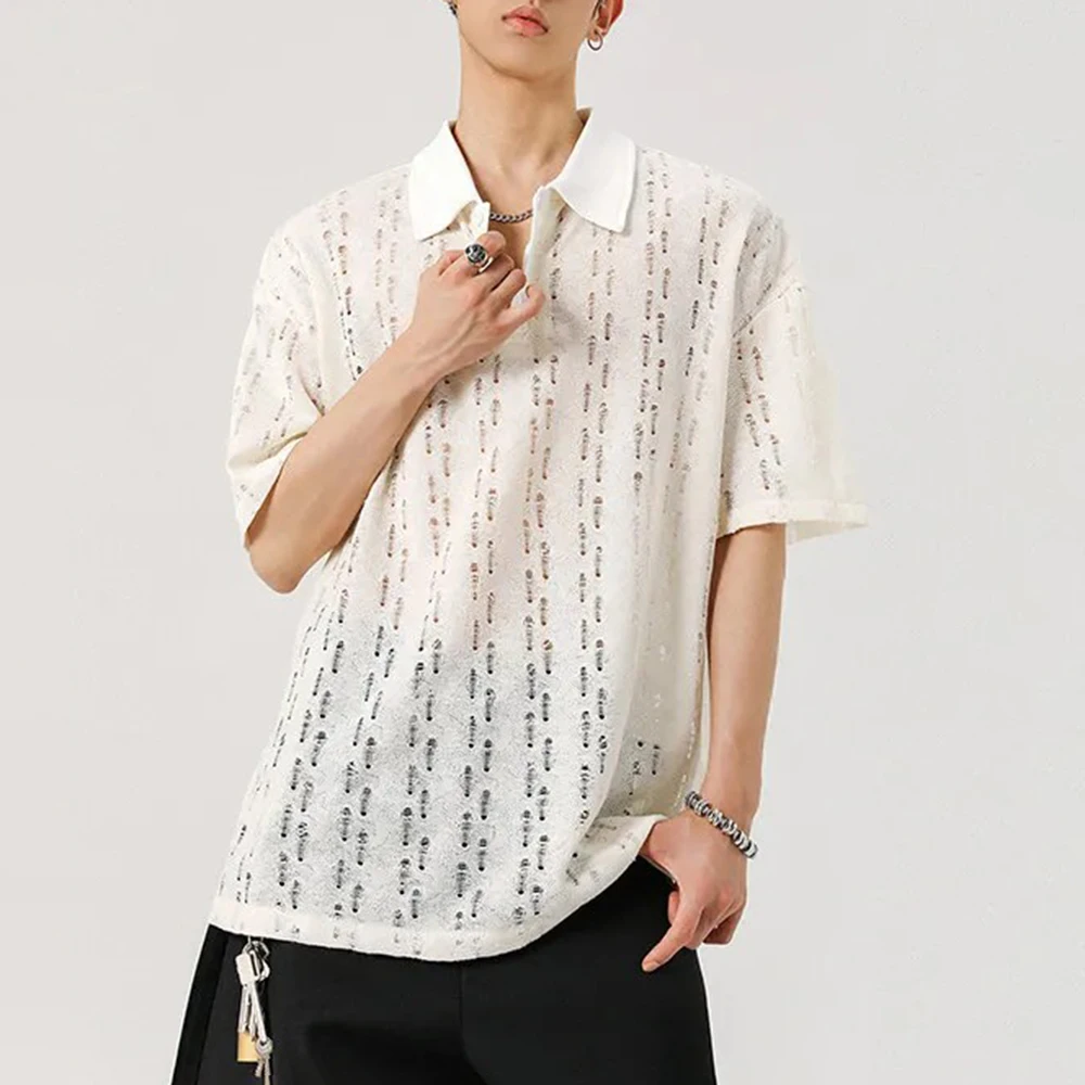 Summer Men's New Solid Color Knitted Hollow Short-Sleeved Shirt Retro Fashion Trend Casual Simple Loose Breathable Men's Tops