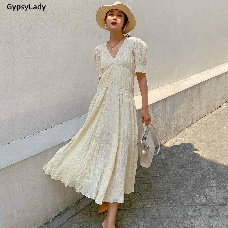 GypsyLady 100% Cotton Maxi Dress Elegant Summer Holiday Beach Women Dress V-neck Short Sleeve Sexy Chic Ladies Women Dress New