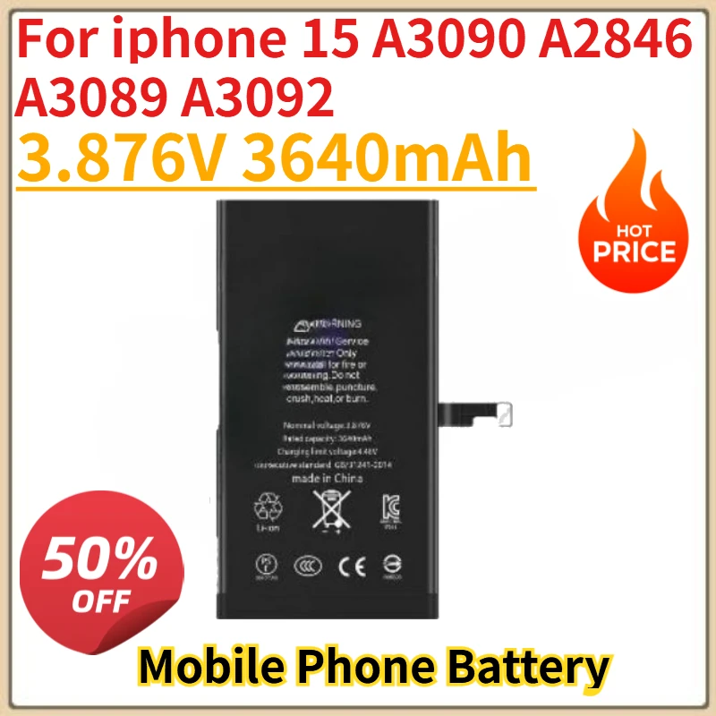 

High Quality New 3.876V 3640mAh Mobile Phone Battery for iphone 15 A3090 A2846 A3089 A3092 Replacement Battery