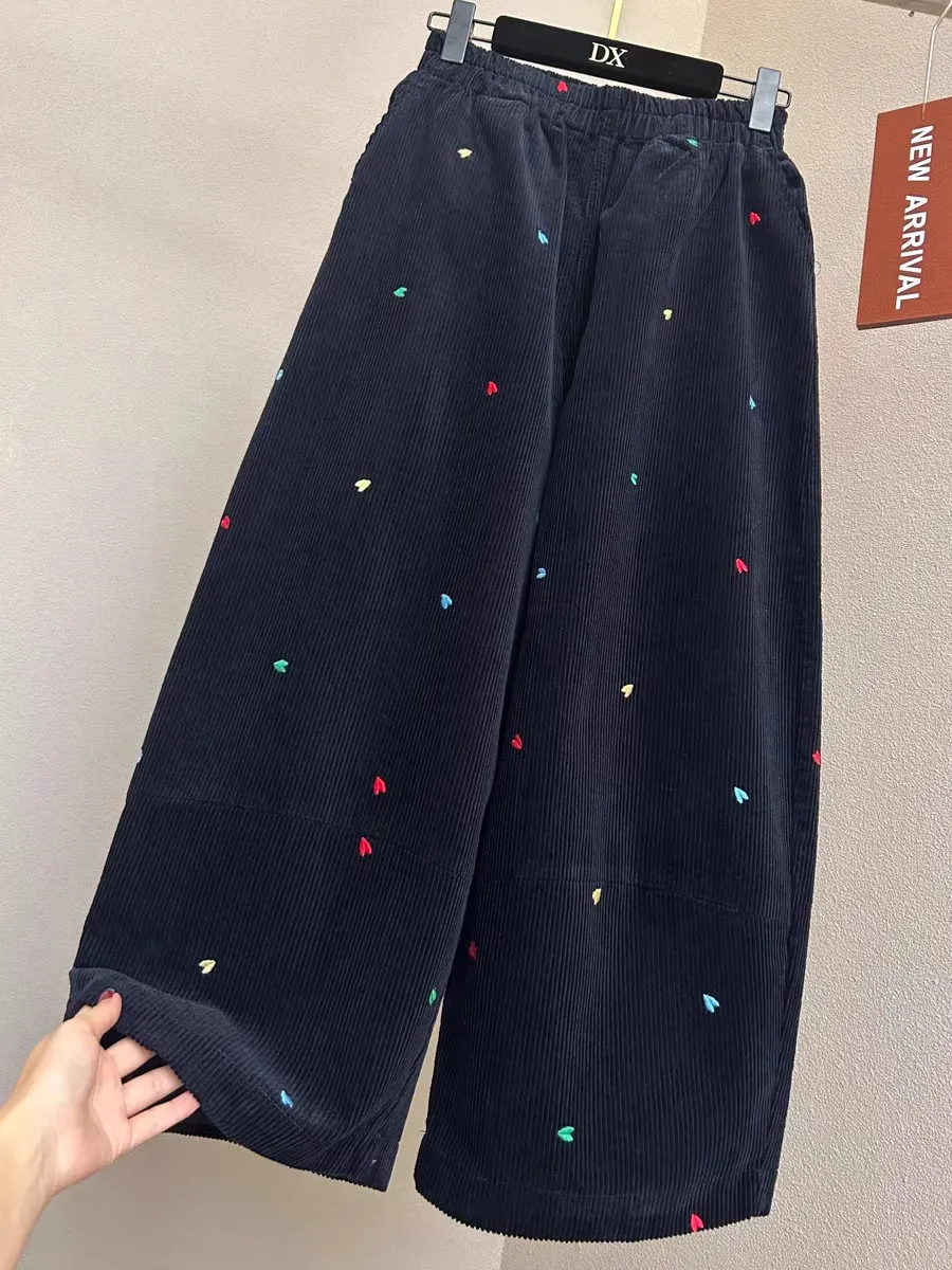 

plus Size Women's Embroidered Corduroy Wide Leg Pants High Waist Straight Cut Autumn Spring Slimming Nine Point Pants