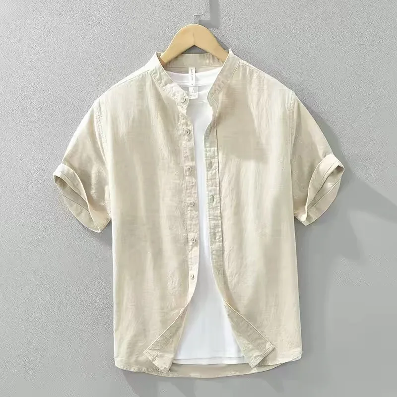 Cotton Linen Short Sleeve Shirt Men's Summer Thin Casual Stand Collar Vintage  Color Top Breathable Loose Fit Travel Wear