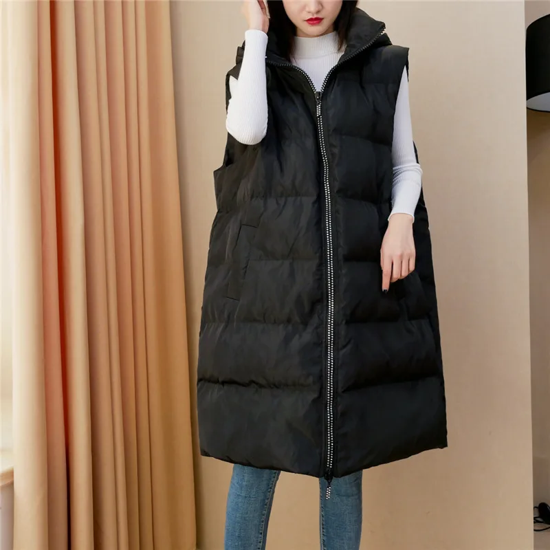 170Kg Plus Size Women\'s Bust 170 Winter Loose Hooded Long Padded Vest Jacket Diamond Zipper Coat Black 7XL 8XL 9XL 10XL 11XL