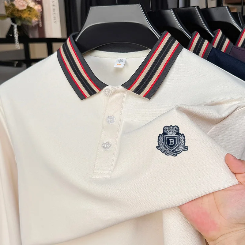 

High Quality Men's Polo Shirt Simple Striped Collar Quick Drying Badge Print Long Sleeve Autumn Lapel T-Shirt Business Menswear