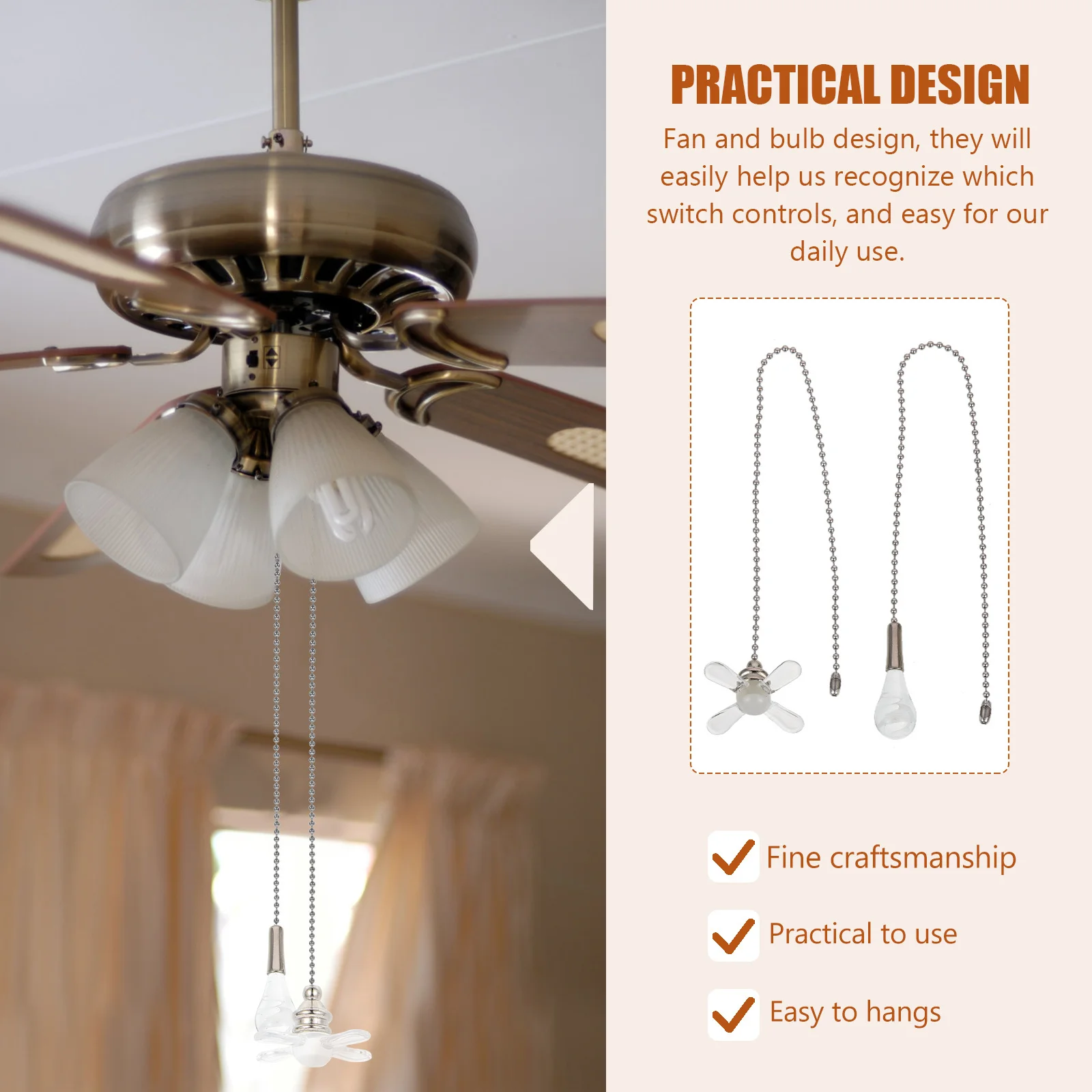 

2Pcs Ceiling Fan Pull Chains Glass Iron Decorative Extension for Ceiling Light Fan Pull Chain Stylish Home Use