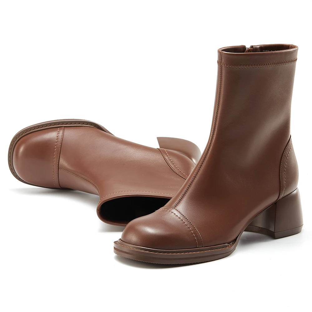 Hand gefertigte Kalbsleder Damen Chelsea Chunky Mid-Heel Stiefel Mode Plattform Slip auf Seite Reiß verschluss Knöchel & Bootie