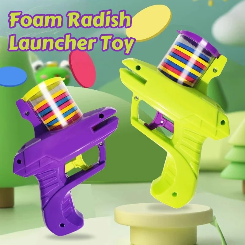 Foam Radish Launcher: Flying Saucer Blaster Game for Kids - Safe Indoor/Outdoor Toy with 6 Color Discs, Family Activity Gift