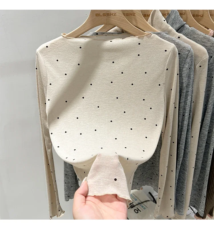 2026 Sommer Dünnes Schicht-Unterhemd Lässiges Allround-Oberteil Damen T-Shirt Aprikotfarben Gepunktet Ein-Schulter Langarm-Shirt – Detail 1