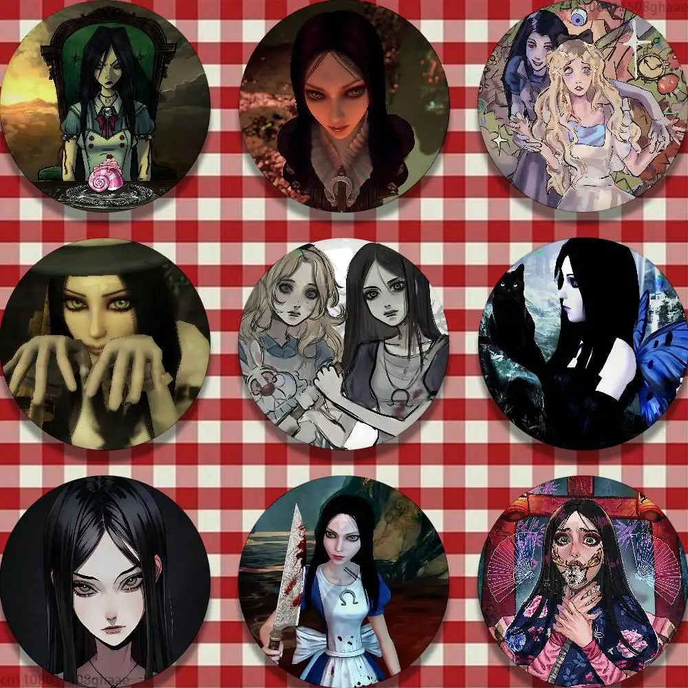 

A-Alice Madness Returns Pins 58mm Cute Cartoon Badge Handmade Brooches for Backpack Accessories Jewelry Gifts