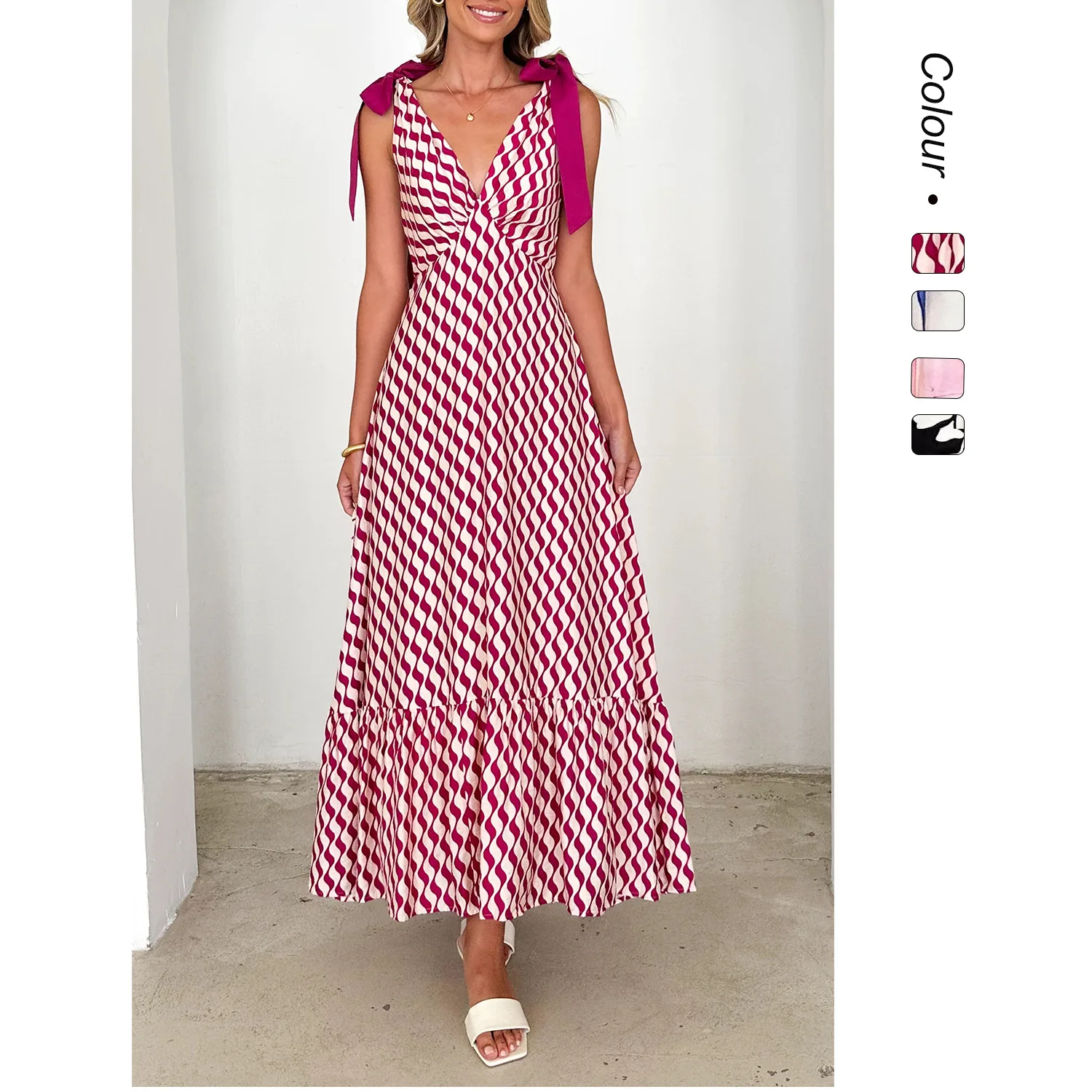 

Bowknot Leace-up Sleeveless Long Dresses Women Color Print V-neck A-line Dress Summer New Lady Commuting Vestidos All-match 2025