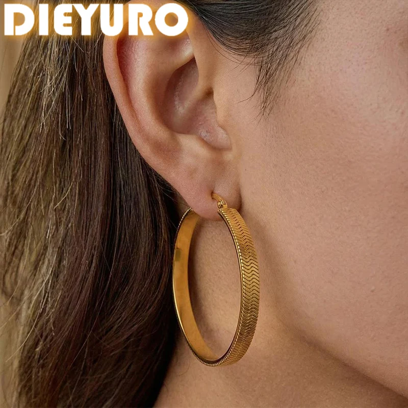 DIEYURO 316L Stainless Steel Trendy Golden Shiny Wavy Snake Bones Texture  Hoop Earrings Lady Waterproof Fashion Jewelry Gift