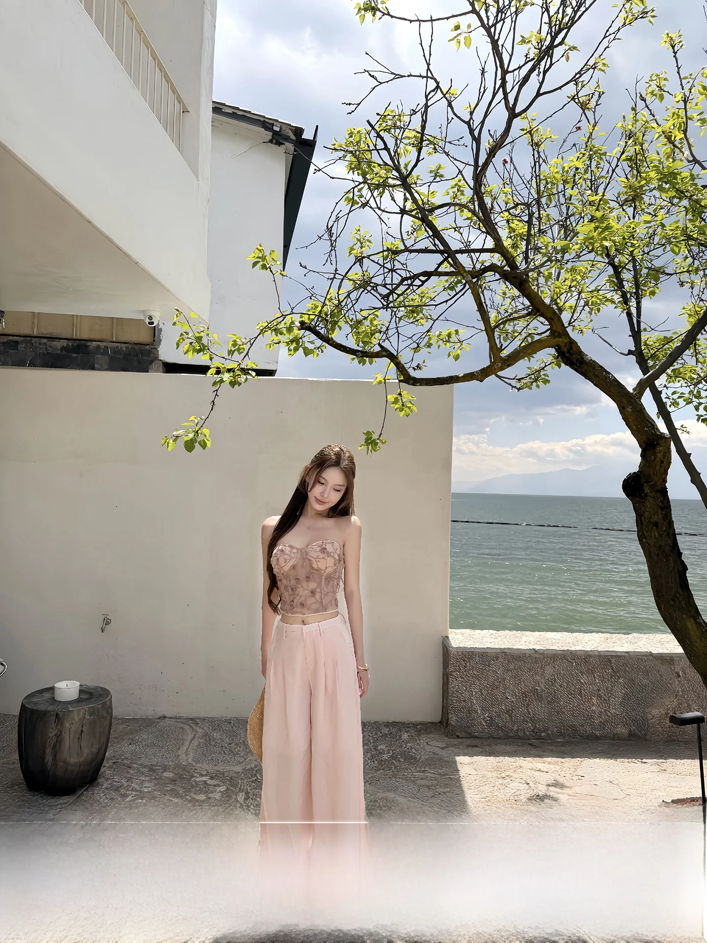 

OYFF Casual Loose Wide Leg Long Pants Silk Loose Draping Pink Drapey Loose Fit High Waist Zipper Closure Straight Leg