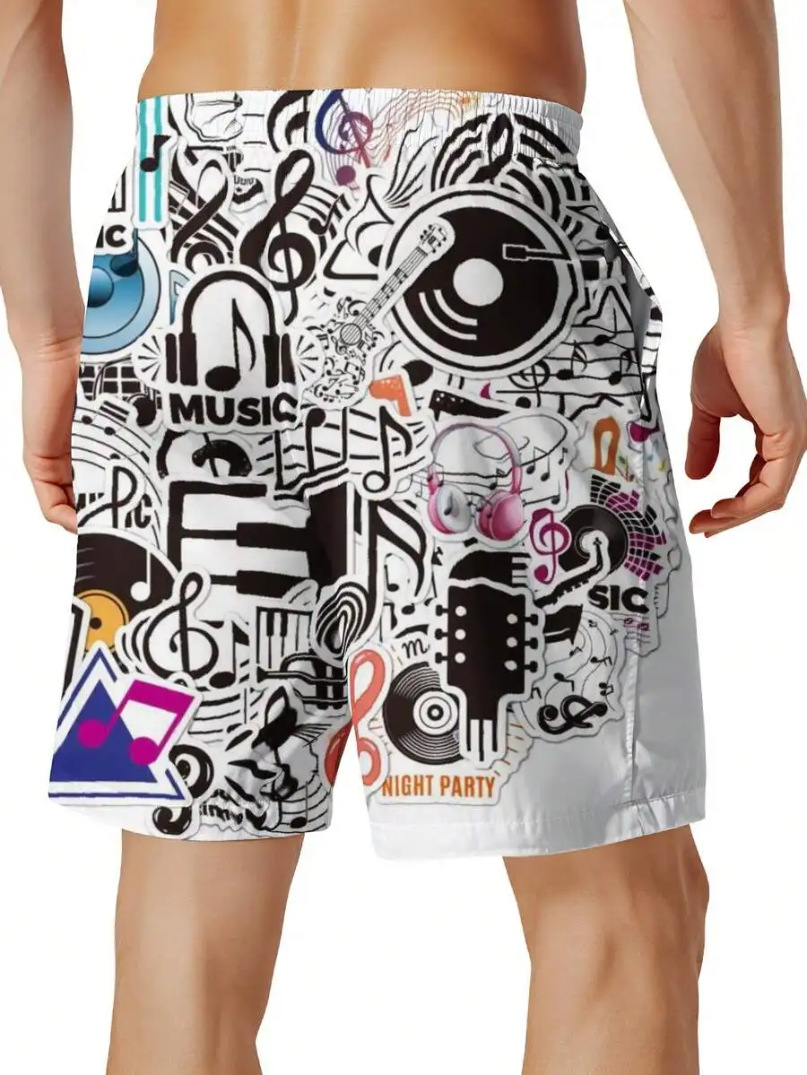 

Music Theme Swim Trunks For Men Guitar Vinyl Records Notes Print Quick Dry Beach Shorts