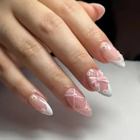 24PCS Almond fake Nails With 3D Chrysanthemum Butterfly Bow And Pearl Design, Press Naturally To Fit The Nails