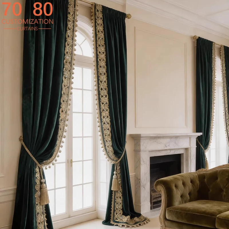 French High-end Blue-green Embroidery Velvet Splicing Curtains for Living Room Bedroom French Window Balcony Customized Products