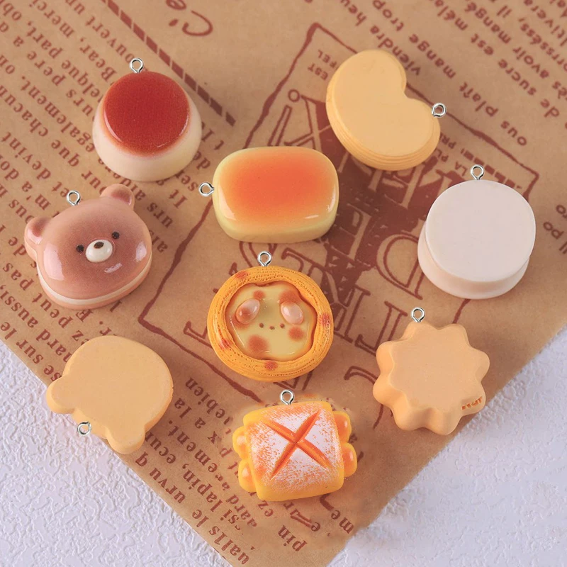10Pcs Cute Bear Egg Tart Cheese Bread Charms Resin Simulation Food Pendants for Jewelry Make DIY Crafts Keychain Earrings