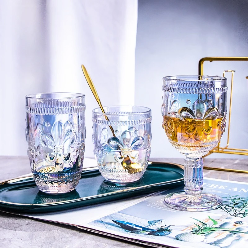 Thickened Iris Wine Glass Embossed High Foot Roman Column Gold Rim Lily Water Cup