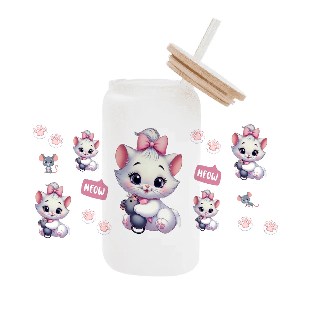 Disney marie pink  Cat For Libbey 16oz Can Glass 3D Waterproof UV DTF Coffee Can Wrap Libbey Glass Wrap