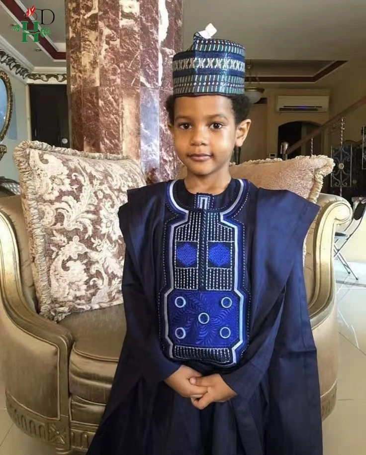 

H&D Dark Blue Shirt Pants 3PCS Set For Kids Boys African Outfit Children Dashiki Embroidery Bazin Thobe Suit Birthday Gifts 2025