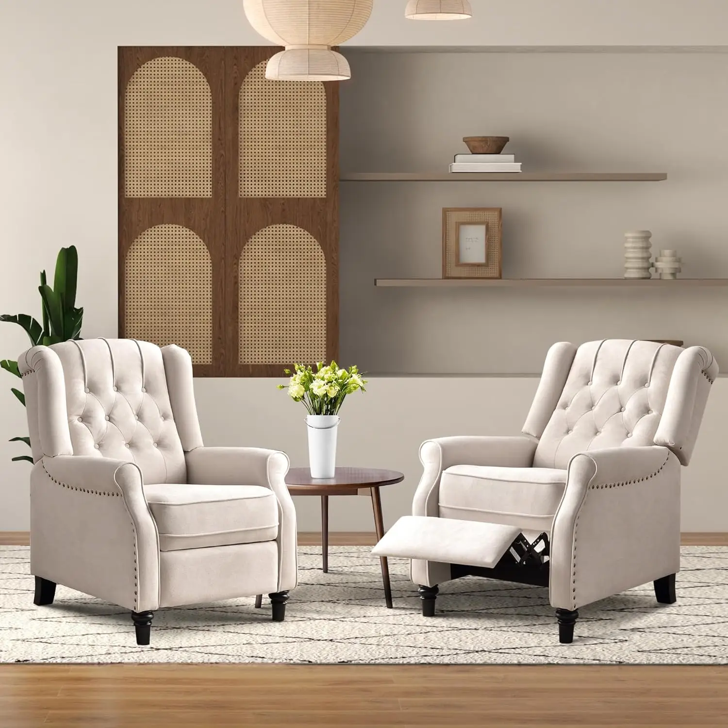 Juego de 2 sillas Wingback, sillas de salón modernas de mediados de siglo, silla reclinable con respaldo de tela y decoración de remaches, botón-T