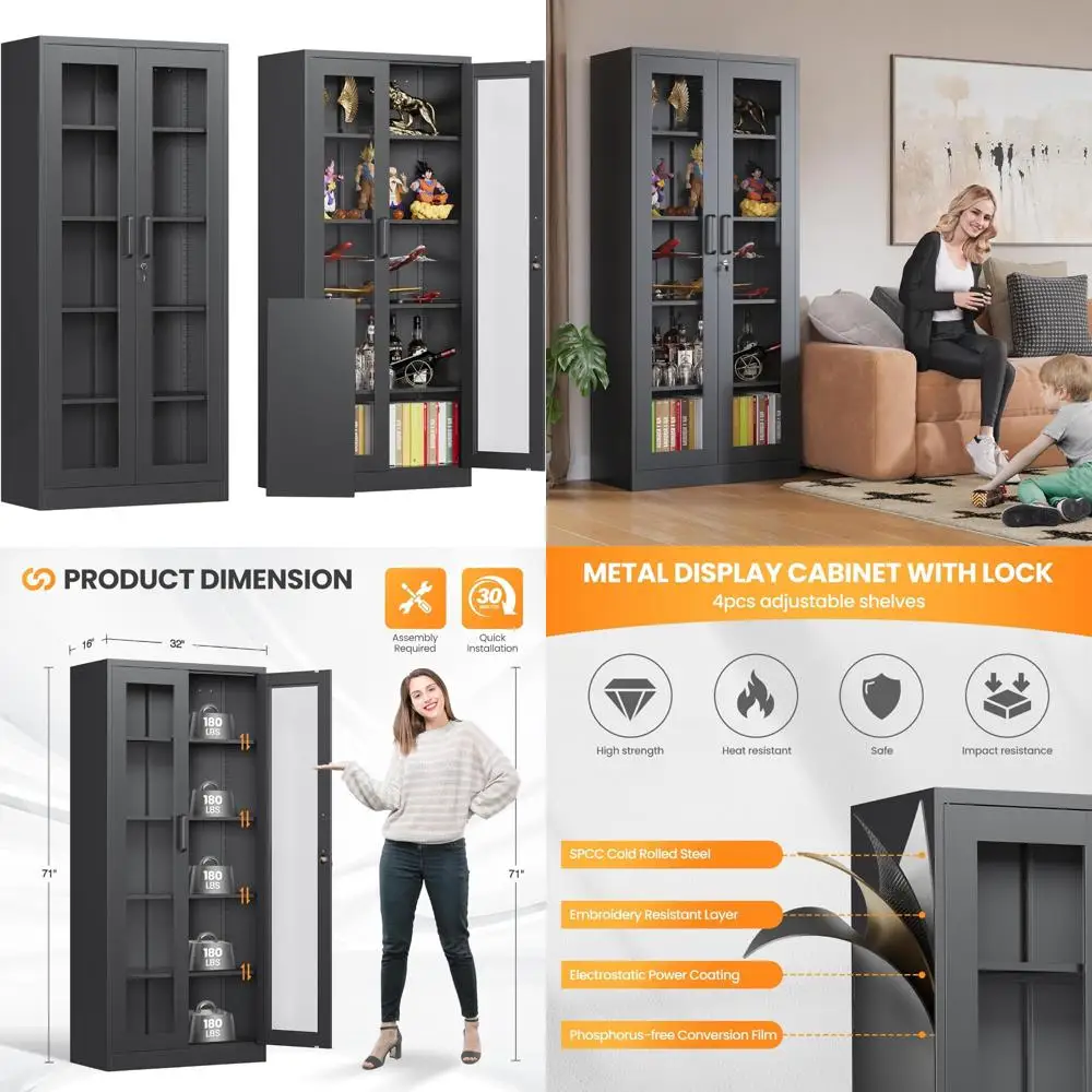 

71-Inch Tall Metal Curio Cabinet with Glass Door and Adjustable Shelves, Black Display Case for Liquor Cans