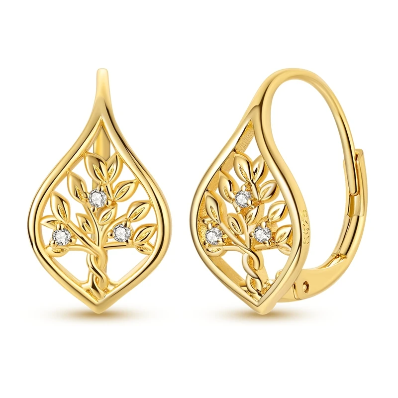 

925 Sterling Silver Earrings Women Golden Tree of Life Openwork Hoop Earring For Anniversary Wedding Jewelry Gifts