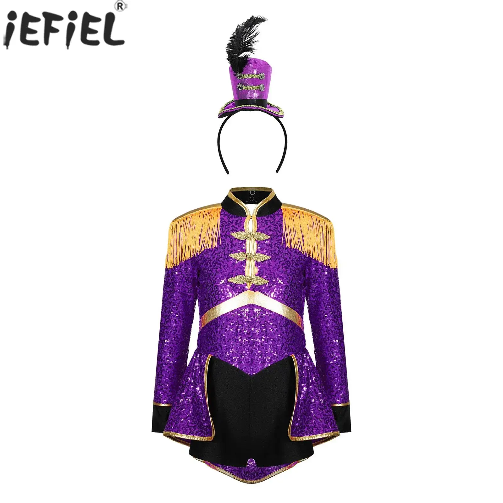 Kids Girls Circus Ringmaster Cosplay Costume Long Sleeve Sequin Bodysuit Dress with Top Hat Headband for Carnival Theme Party