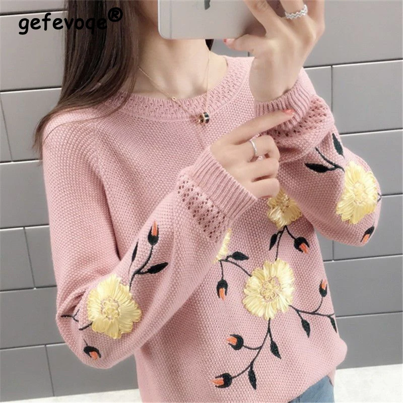 Women Clothing Spring Autumn Trendy Flower Embroidery Chic Knitted Sweater Casual O Neck Long Sleeve Loose Pullover Tops Jumpers