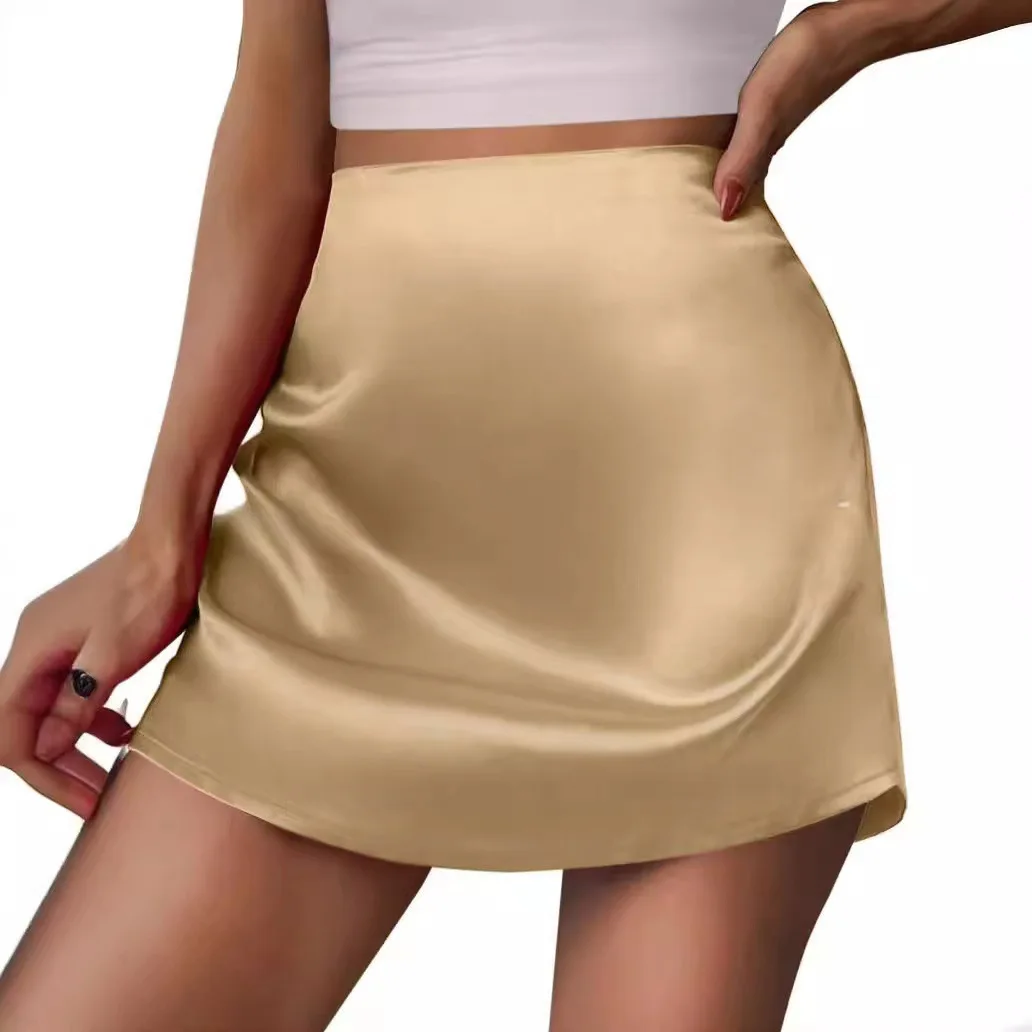 

Women's Mini Skirt Satin Sexy Solid Color Pleated Female High Waist Zipper Fashion Elegant French Office Lady A-Line Skirt