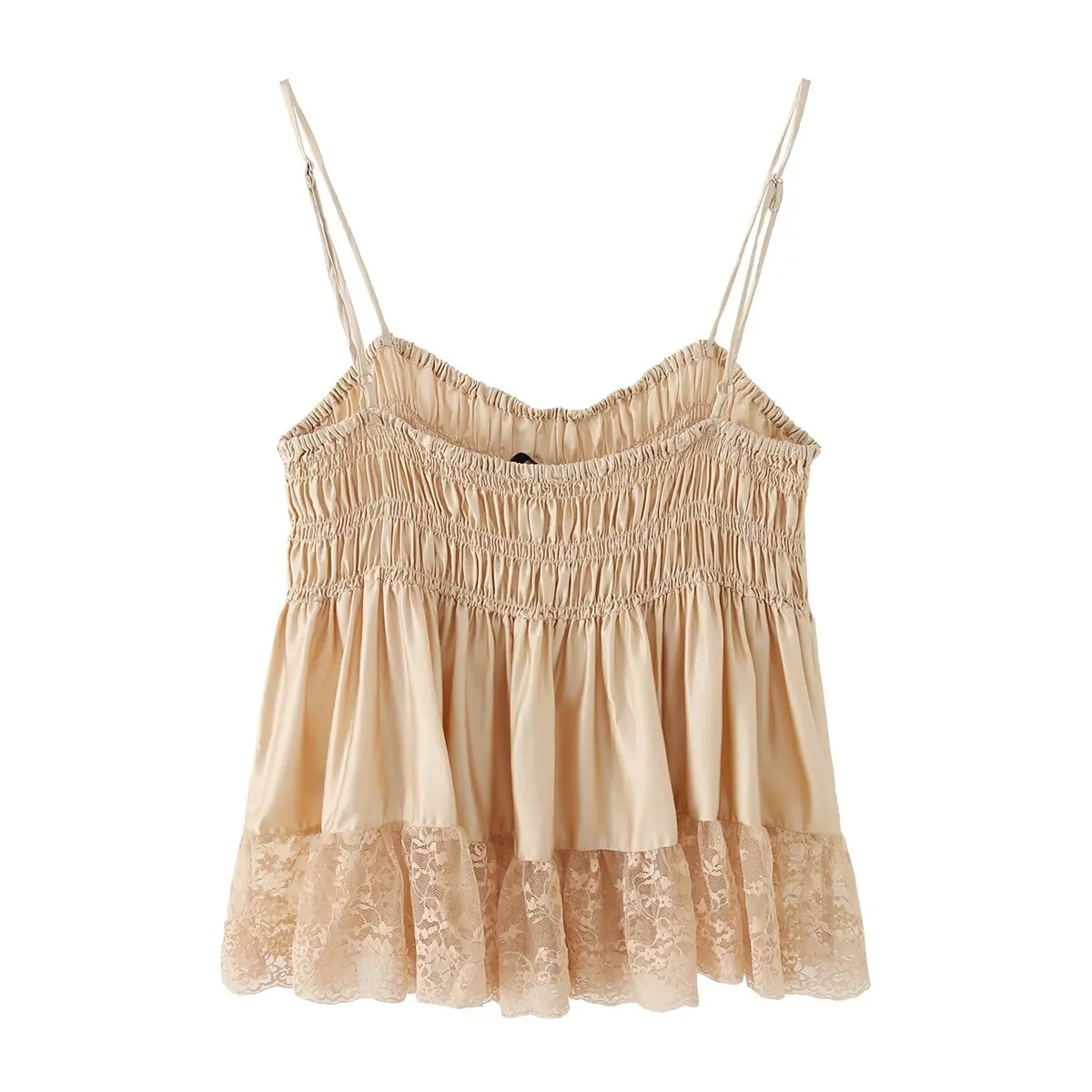 Nlzgmsj 2026 Sexy Damen Smock-Top mit Spitzenbesatz, Spaghettiträgern, einfarbig, Rüschensaum, ärmellos, lässiges Camisole-Oberteil – Detail 3