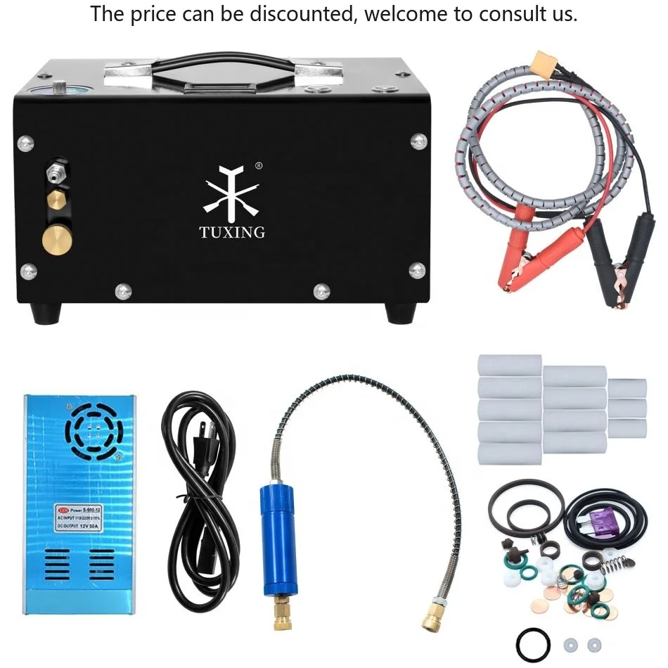

TUXING Factory Sale Automatic Stop Electric 30mpa 4500psi 300bar 12V Built-in Transformer PCP Paintball Hunting Air Compressor
