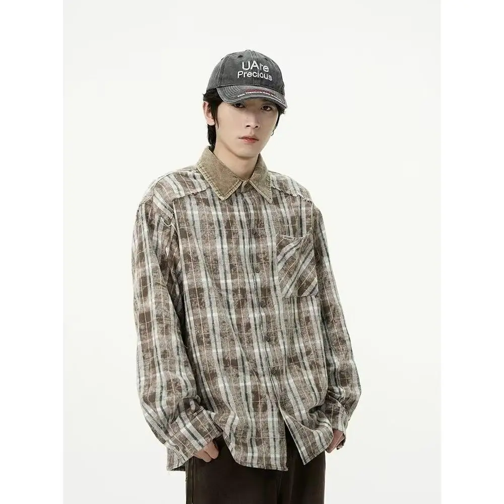 

Ретро-рубашка в американском стиле с вельветовым воротником и лоскутным узором, с длинными рукавами, мужская повседневная универсальная рубашка для весны и осени, для отдыха и повседневной носки