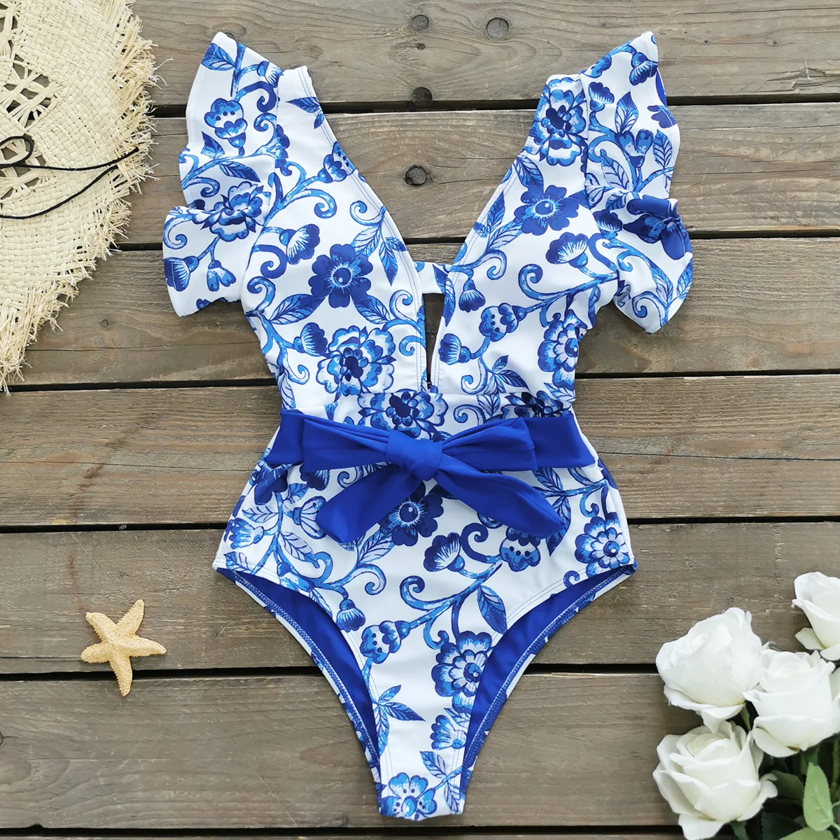 Sexy Ruffle Shoulder Women One Piece Swimsuit 2024 Style New Blue Printed Mujer Bodysuit Swimwear Belt Women Bathing Bodice