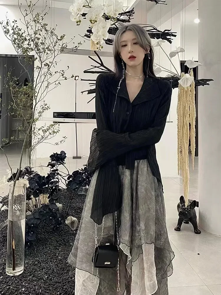 Yamamoto สไตล์สีดําเสื้อผู้หญิงแขนยาวไม่สม่ําเสมอเสื้อ Babes Retro Dark ความงามเสื้อผ้า Gothic Tops
