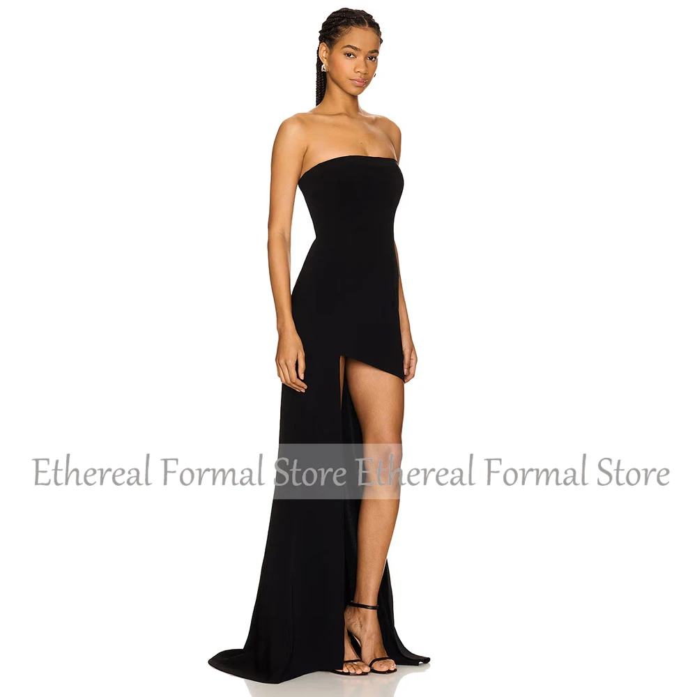 Vestido de noche negro para mujer, minivestido corto de sirena sin tirantes, vestido de fiesta Formal sin mangas, tren de barrido, vestido de Arabia Saudita