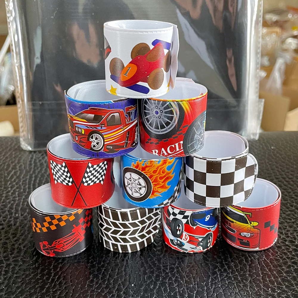 12PC Race Car Slap Bracelets Kid Birthday Party Racing and Speed Themed Wristband Checkered Flags Slap Classroom Reward Supplies