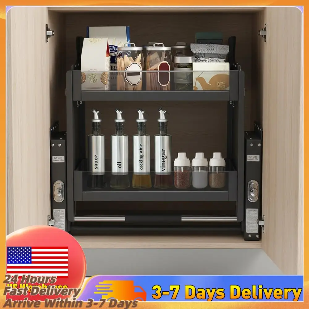 

2-Layers Pull Down Lift Cabinet Organizer Upper Kitchen Wall Storage Rack 3 Stage Buffering Four Level Height Adjustment Design