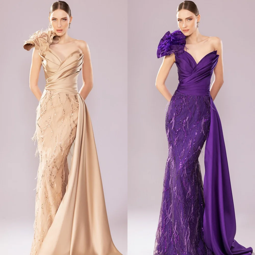 Customized Satin Sequined Feather Cocktail Party Trumpet One-shoulder Bespoke Occasion Gown Long Dresses