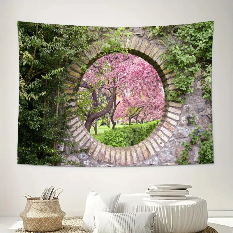 Ultra Realistic Nature Tapestry Wall Hanging Boho Style Spring Cherry Blossom Archway Floral Greenery Art Decor Home Room Living