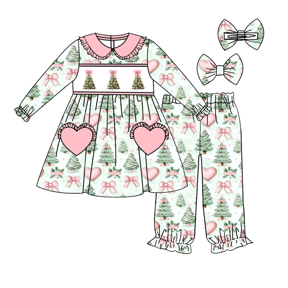 Boutique Children's Set Girls' Series Long-Sleeved Trousers Lapel Girls Set Christmas Tree Print Baby Long-Sleeved Robe 2-Piece