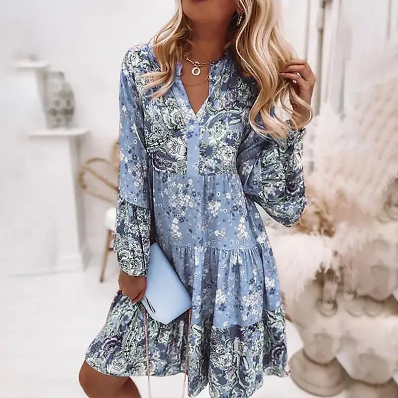 Bohemian Style Flower Printed Dresses For Women Flared Sleeves V-neck Fashion Casual Loose Ladies Dress Vestidos 2023 Autumn New