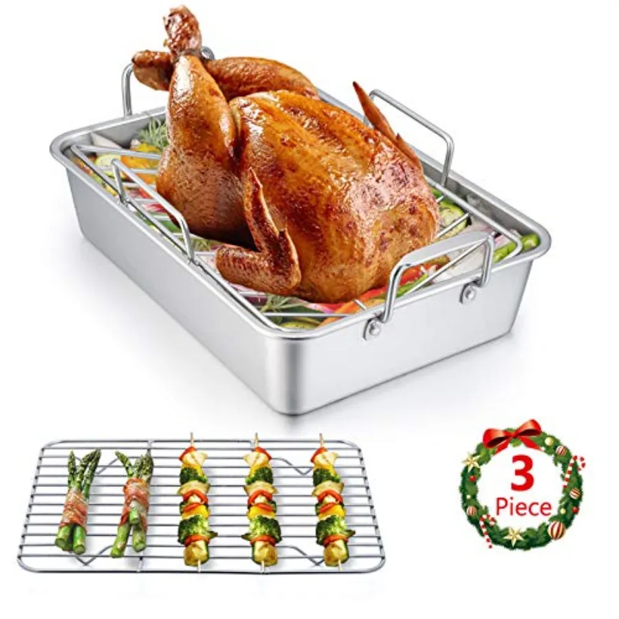 

14 x 10.6 Inch Roasting Pan, Stainless Steel Turkey Roaster with V Rack and Baking Rack Set, Heavy Duty Deep Broiling Pan for O