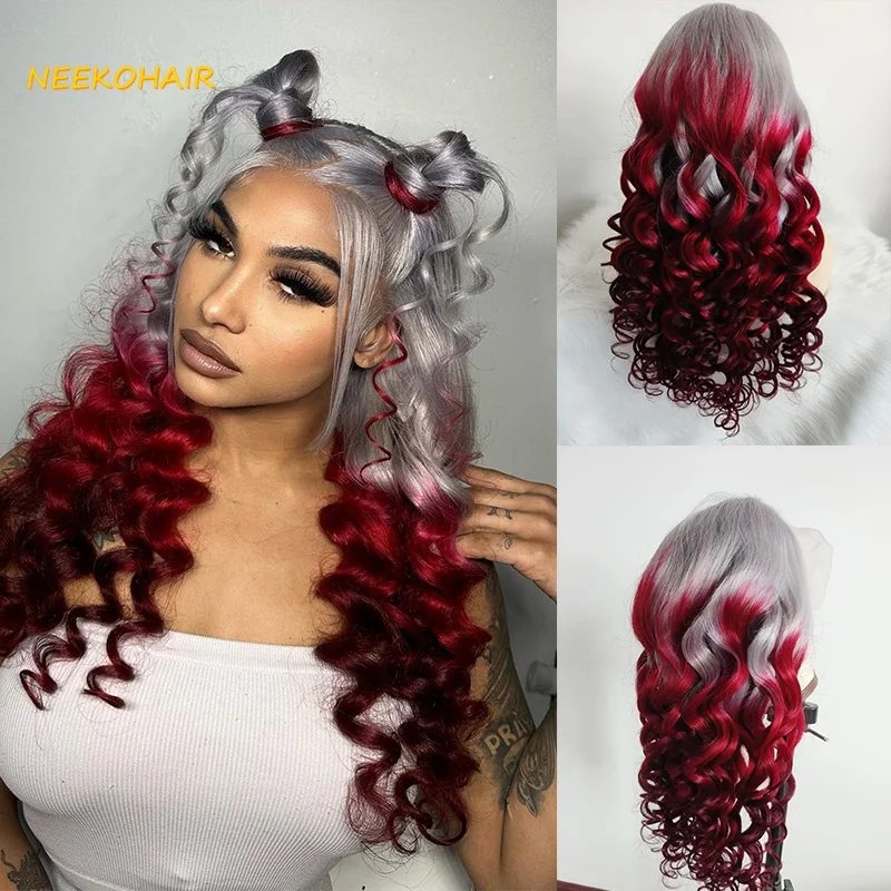 

Ombre Red Human Hair 13x6 180% Плотность Кружевной фронтальный парик Прозрачный вьющийся Ombre Серый-красный кружевной фронтальный парик из человеческих волос для женщин
